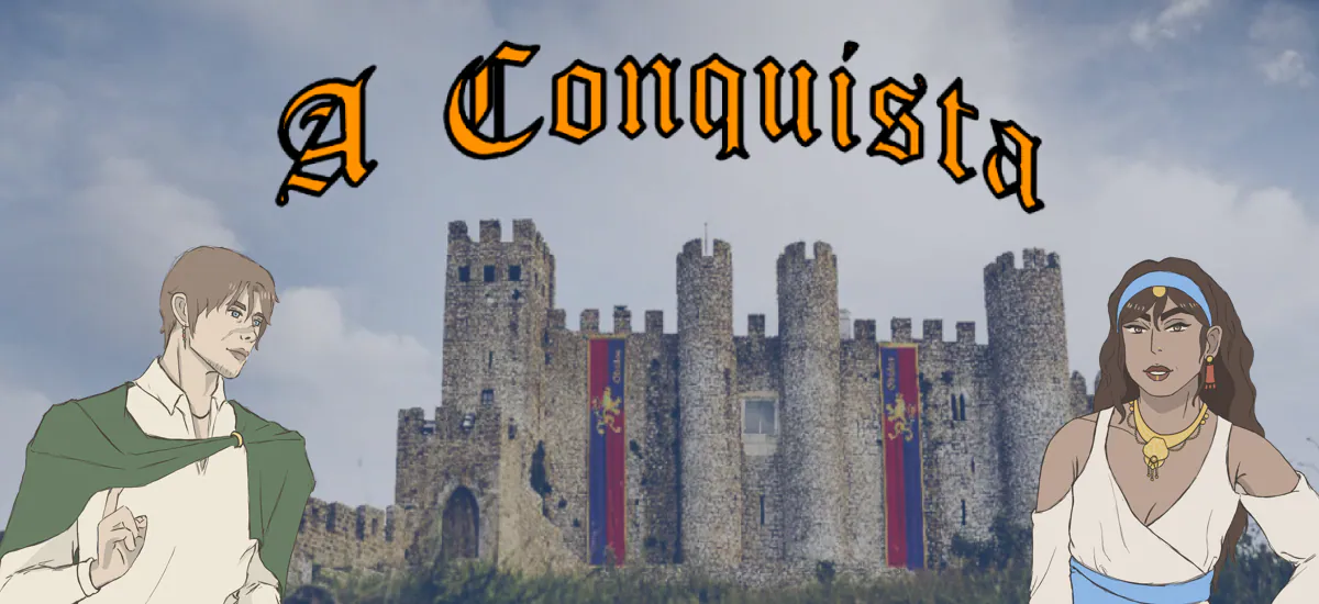 A Conquista cover with illustrated characters in front of Óbidos Castle
