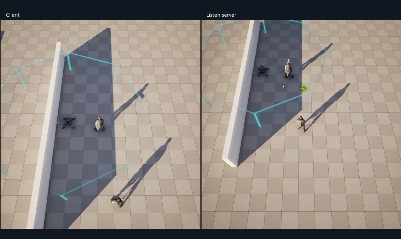 Client and listen-server views of Deadeye and an active cyan Killbox in the prototype arena