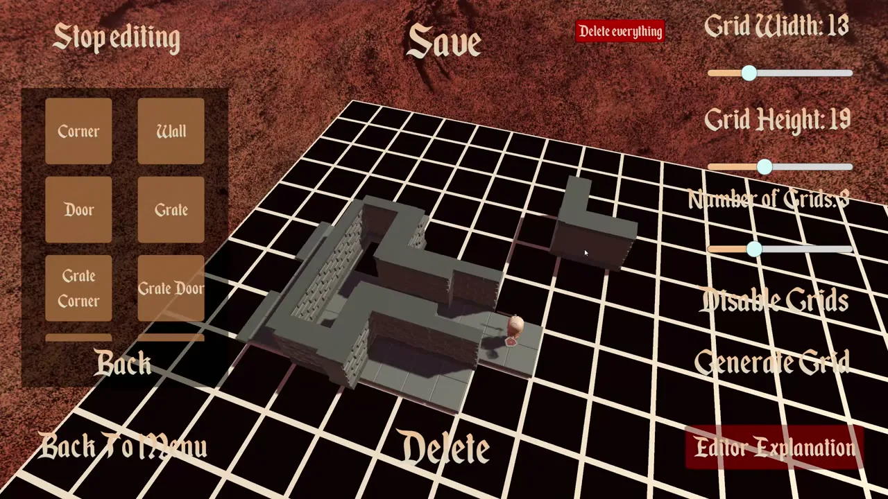 Dungeon Wipe level editor showing a placement grid, prefabs, grid controls, and save actions