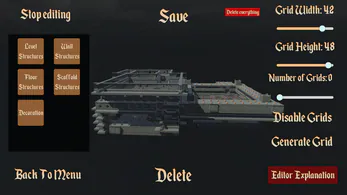 Dungeon Wipe level editor showing a placement grid, prefabs, grid controls, and save actions