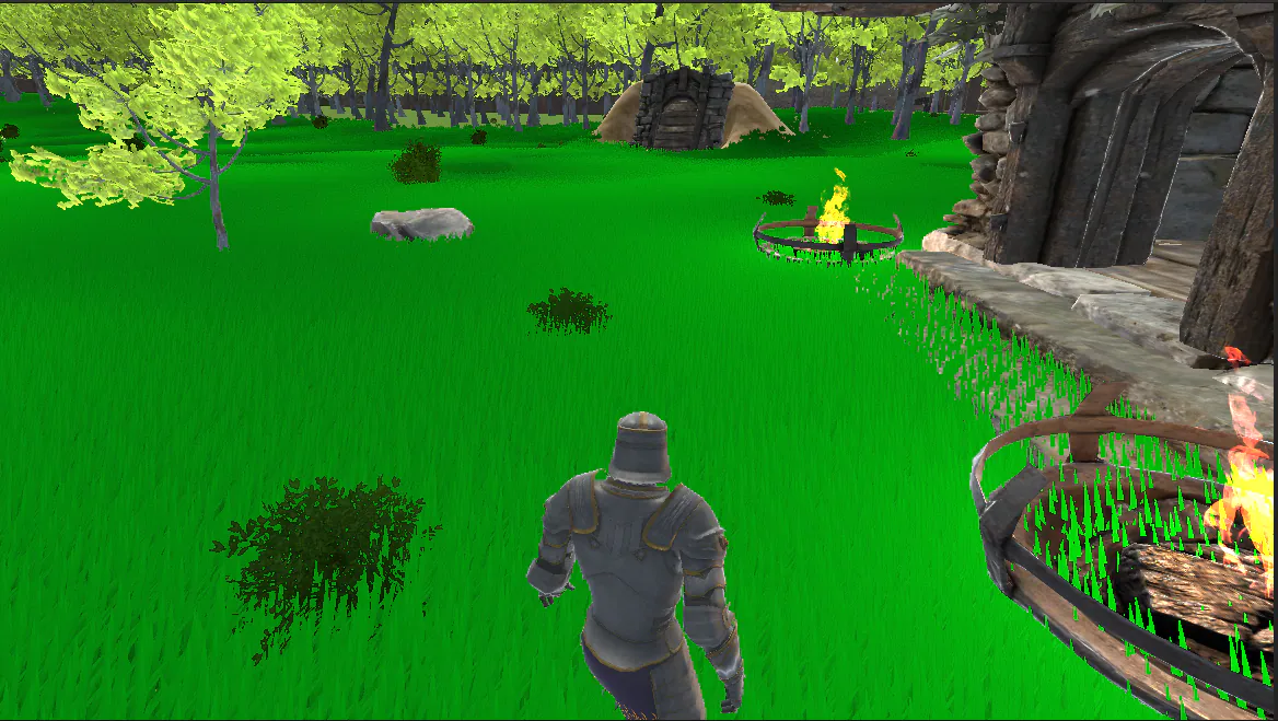 Exile 3D daytime resource and village-building phase in a forest settlement
