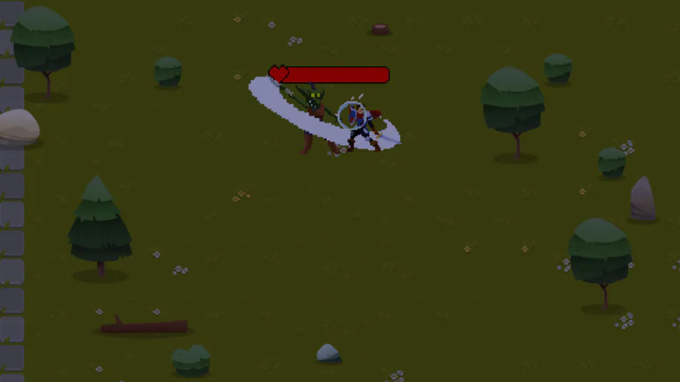 Exile 2D nighttime combat phase showing the knight fighting an enemy near the settlement