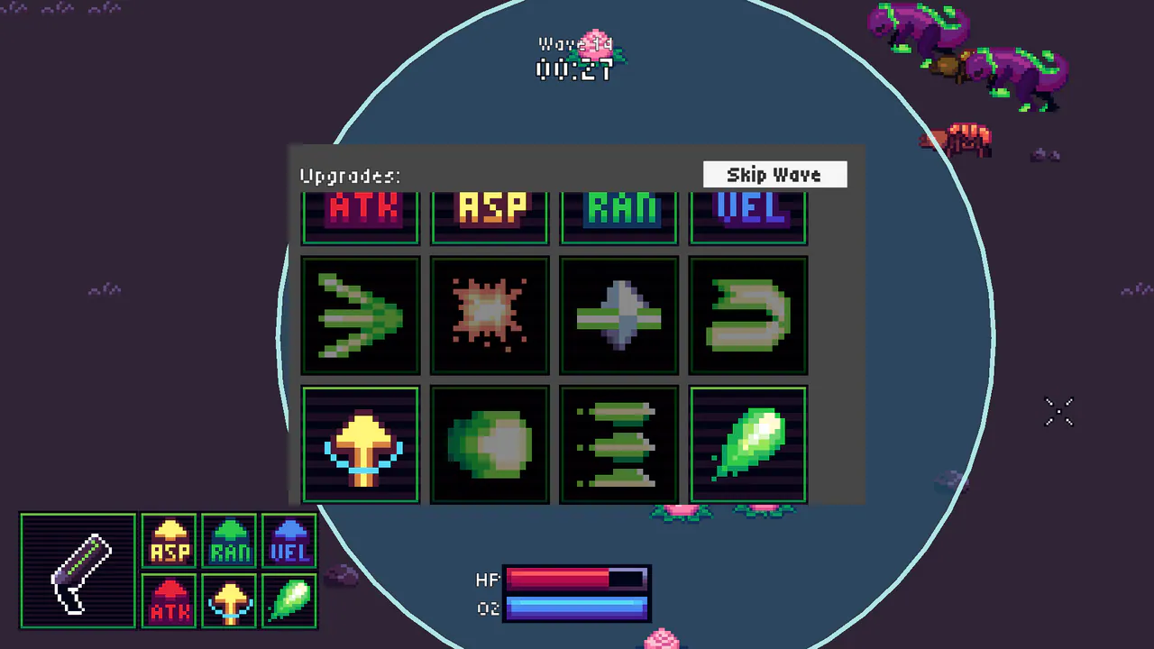 O2D gameplay showing the upgrade selection interface during an enemy wave